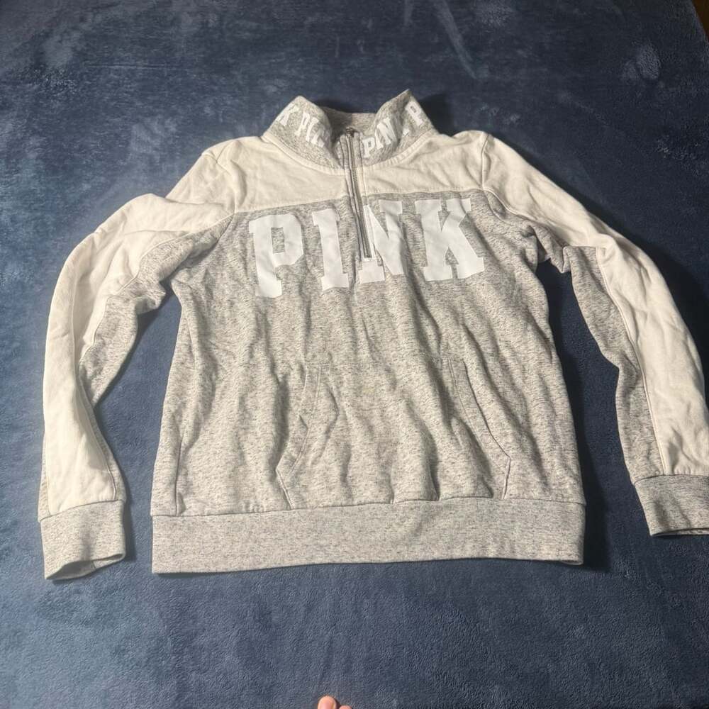 Victoria's Secret PINK Half Zip Logo Sweatshirt Grey White Size M